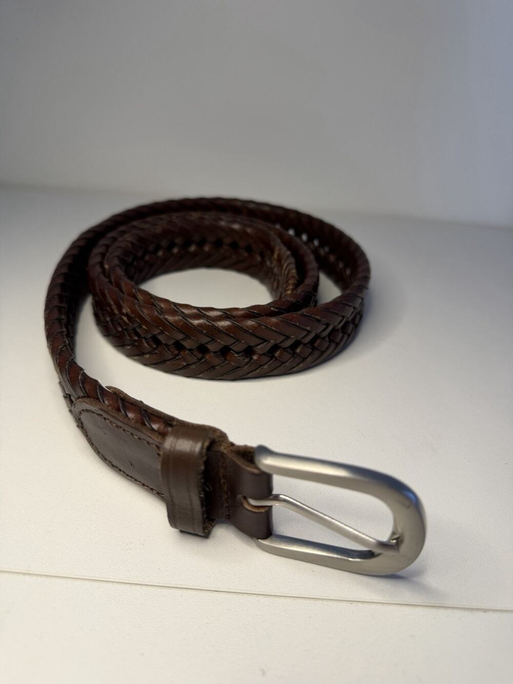 Braided Genuine Leather Belt Dark Brown Silver Buckle Woven Gaucho 38